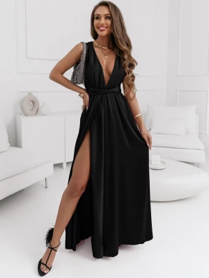 Czarna długa satynowa sukienka - różne wiązania Lyric - czarny Pakuten