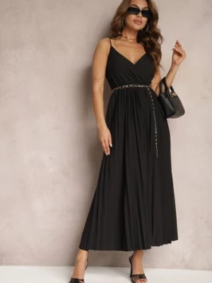 Czarna Długa Sukienka Kopertowa o Rozkloszowanym Kroju na Ramiączkach Kaemera cflo