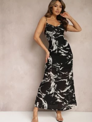 Czarna Długa Sukienka w Marmurkowy Wzór z Cienkimi Ramiączkami Grannia