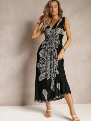 Czarna Długa Sukienka z Wzorem Boho Sznurkami na Ramionach i Gumką w Pasie Hideni j&x