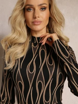 Czarna Dopasowana Bluzka z Półgolfem i Tribalowym Wzorem Christime by swan