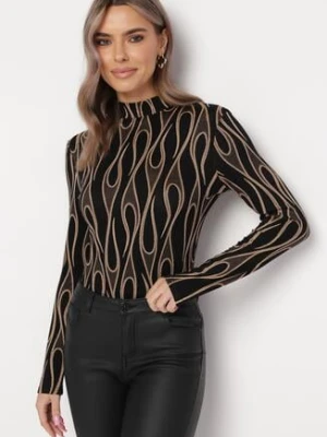 Czarna Dopasowana Bluzka z Półgolfem w Abstrakcyjny Wzór Miastes by swan