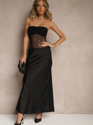 Czarna Dopasowana Koktajlowa Sukienka Satynowa z Wiskozą z Koronką Nilasia lovery