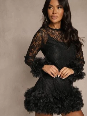 Czarna Dopasowana Koronkowa Sukienka Koktajlowa z Tiulowymi Aplikacjami Kretalia elsa.m by may