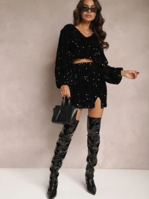 Czarna Dopasowana Mini Spódnica Ozdobiona Cekinami i Wycięciem z Gumką w Talii Kajari retro & icone