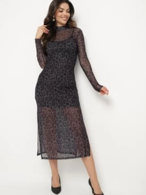 Czarna Dopasowana Siateczkowa Sukienka z Wiskozą w Panterkę Nalvessa by swan