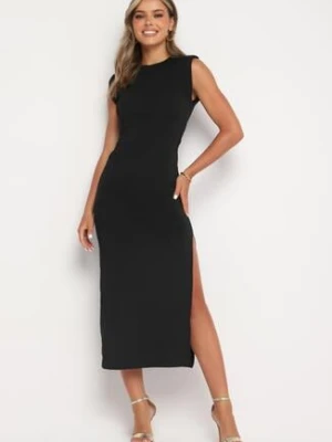 Czarna Dopasowana Sukienka Bodycon z Rozcięciem Jelifea