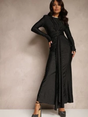 Czarna Dopasowana Sukienka Koktajlowa Marszczona w Pasie Zdobiona Cyrkoniami Rissanea allyson