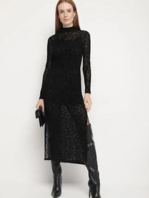 Czarna Dopasowana Sukienka Koktajlowa z Wiskozą z Welurowym Wzorem Kwiatów Alerre by swan