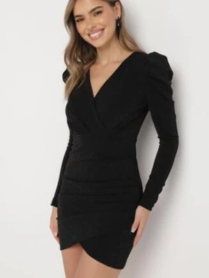 Czarna Dopasowana Sukienka Kopertowa Mini z Metaliczną Nitką Noires messaya