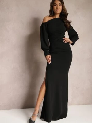 Czarna Dopasowana Sukienka Maxi o Asymetrycznym Kroju z Bufiastymi Rękawami i Rozcięciem Belsara messaya