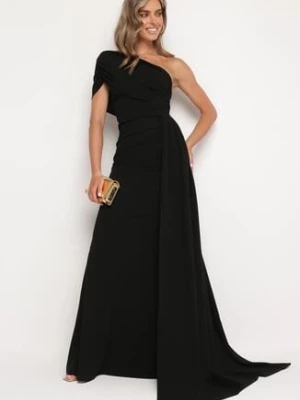 Czarna Dopasowana Sukienka Maxi z Ozdobnym Trenem Iralia messaya
