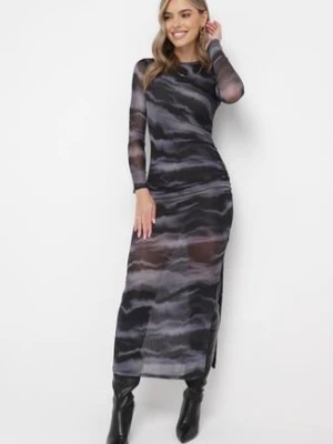 Czarna Dopasowana Sukienka Maxi z Siateczki w Marmurkowy Wzór Bail by swan