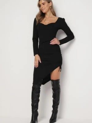 Czarna Dopasowana Sukienka Midi z Marszczeniem Coldi ela emir