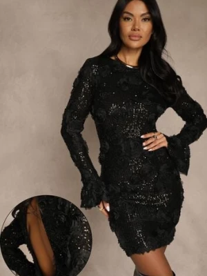 Czarna Dopasowana Sukienka Ozdobiona Cekinami i Kwiatami 3D Raweda
