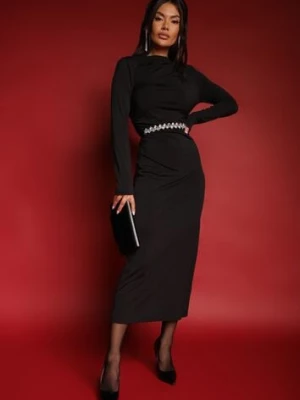 Czarna Dopasowana Sukienka Ozdobiona Marszczeniem Nalindrae retro & icone