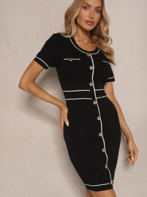 Czarna Dopasowana Sukienka Retro z Dzianiny z Wiskozą Zdobiona Guzikami Lanothra yu & me