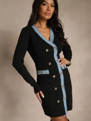 Czarna Dopasowana Sukienka Retro z Dzianiny z Wiskozą Zdobiona Napami Teremena rosa