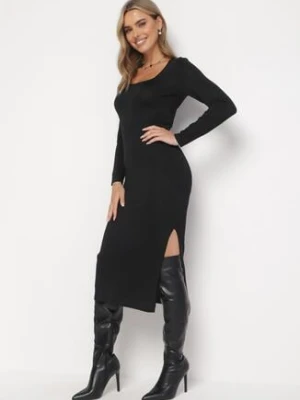 Czarna Dopasowana Sukienka z Metaliczną Nitką i Rozcięciem Telor by swan