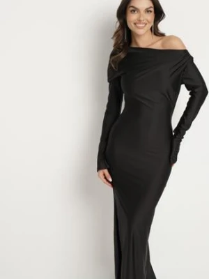Czarna Dopasowana Sukienka z Rozcięciem i Asymetrycznym Dekoltem Ravielis allyson