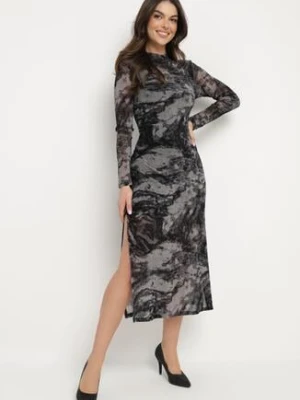 Czarna Dopasowana Sukienka z Siateczki z Wiskozą w Moro z Rozcięciami Emeloraine by swan