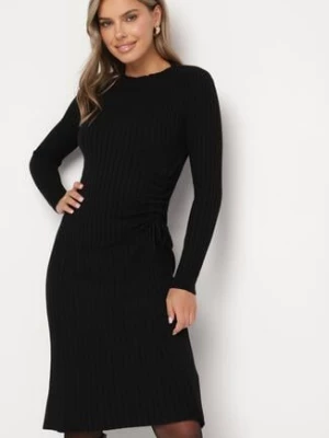 Czarna Dopasowana Sukienka z Wiskozą z Prążkowanego Materiału Ściągana Troczkiem Eleavia jumelle