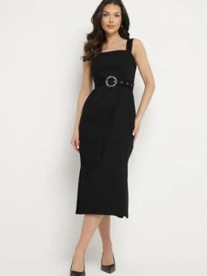 Czarna Dopasowana Sukienka z Wiskozą z Rozcięciami i Paskiem z Klamrą Mepelle rosa