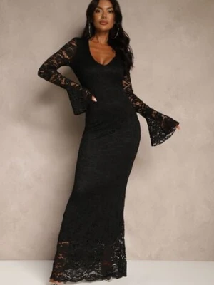 Czarna Dopasowana Sukienka Zdobiona Koronką z Rozszerzanym Dołem Hannalis allyson