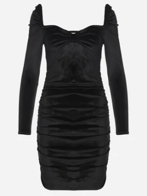 Czarna Dopasowana Welurowa Sukienka Ozdobiona Marszczeniem Sopaliae