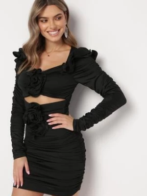 Czarna Drapowana Sukienka Mini z Rozcięciami i Kwiatami Jadinia lovery