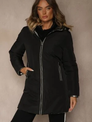 Czarna Dwustronna Kurtka z Kapturem i Pikowanymi Przeszyciami Alirrise melya by melody