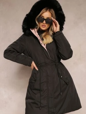 Czarna Dwustronna Kurtka ze Ściągaczem i Kapturem z Futerkiem Divya new collection
