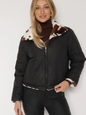 Czarna Dwustronna Pikowana Kurtka z Futerkiem w Łaty Meviatella melya by melody