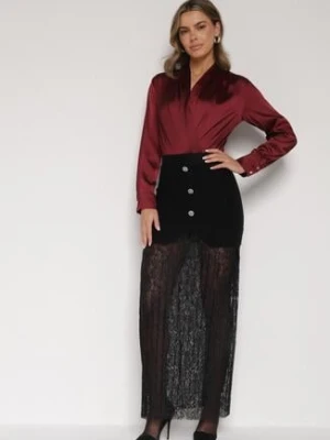 Czarna Dzianinowa Spódnica z Wiskozą Zdobiona Koronką i Guzikami Sewora