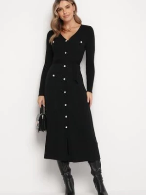 Czarna Dzianinowa Sukienka Maxi z Wiązanym Paskiem Topania