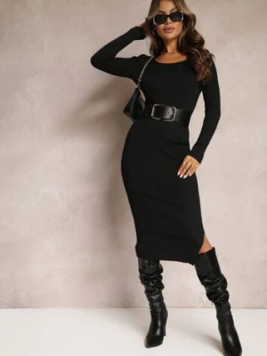 Czarna Dzianinowa Sukienka Midi z Długim Rękawem Rohesa rosa