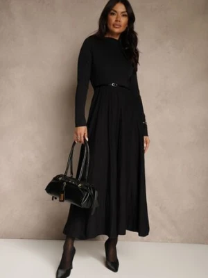 Czarna Dzianinowa Sukienka Rozkloszowana Longsleeve z Wiskozą i Paskiem Tusnira bisou's project