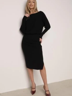 Czarna Dzianinowa Sukienka z Wiskozą o Nietoperzowym Kroju z Dekoltem w Łódkę Tisan bisou's project