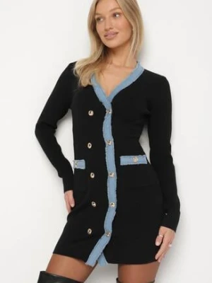 Czarna Dzianinowa Sukienka z Wiskozą w Stylu Retro z Ozdobnymi Napami Tesmere rosa