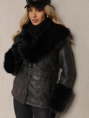 Czarna Ekoskórzana Kurtka Zdobiona Futerkowymi Obszyciami z Paskiem w Talii Etindra metro five