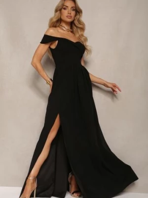 Czarna Elegancka Długa Sukienka Hiszpanka Wykończona Rozcięciem na Dole Idelia messaya