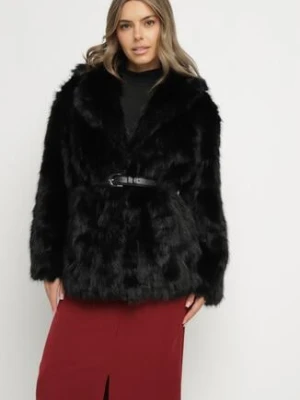 Czarna Elegancka Kurtka Futerko z Paskiem z Klamrą Gonne j.style