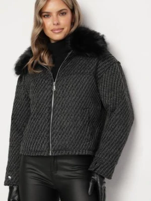 Czarna Elegancka Kurtka z Futrzanym Kołnierzem i Metaliczną Nicią Vertieska melya by melody