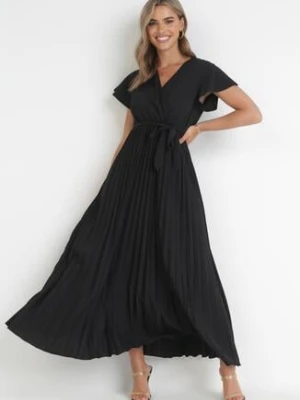 Czarna Elegancka Sukienka Maxi w Plisy z Kopertowym Dekoltem i Wiązaniem Thessi cflo