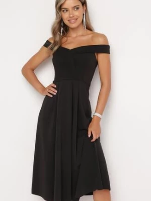 Czarna Elegancka Sukienka o Fasonie Hiszpanki z Materiałowym Paskiem Xaelia