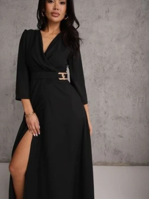 Czarna Elegancka Sukienka o Kopertowym Kroju Zdobiona Aplikacją w Talii Zilendra vices