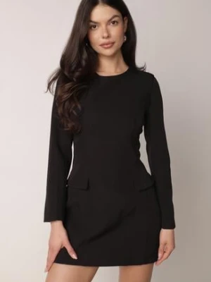 Czarna Elegancka Sukienka VICES o Trapezowym Kroju z Imitacją Kieszeni Amaliete