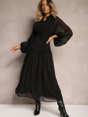 Czarna Elegancka Sukienka w Stylu Vintage z Powlekanymi Guzikami i Marszczeniami Lefandia bisou's project
