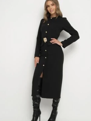 Czarna Elegancka Sukienka z Ozdobnymi Guzikami i Paskiem z Klamrą Esmilea bisou's project