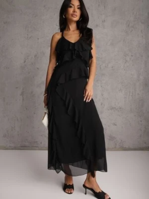Czarna Elegancka Sukienka z Taliowaniem Wiązana na Plecach z Falbankami Ocyparia elsa.m by may